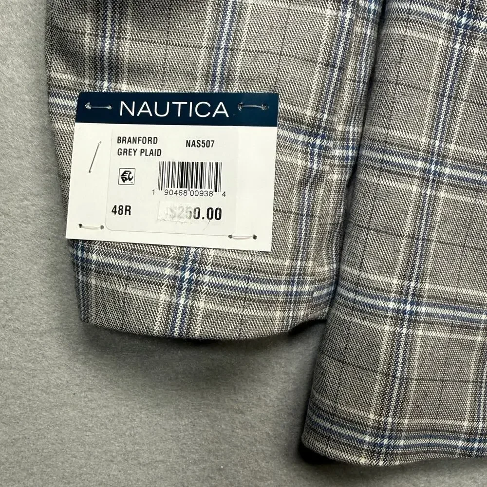 Nautica Men's Modern-Fit Sport Coat Grey Plaid 48R $250